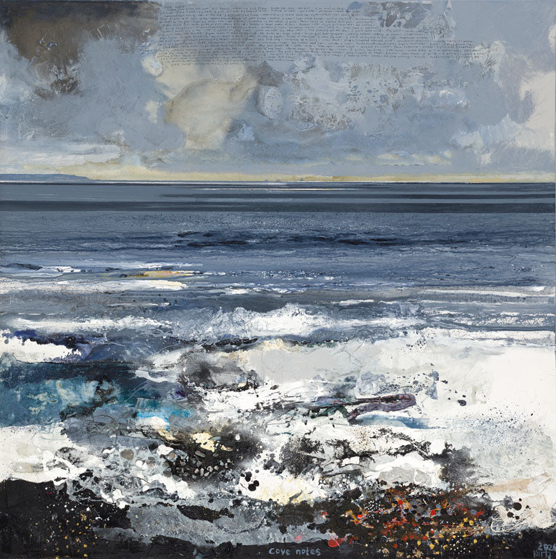 An abstract coastal landscape painting featuring textured ocean waves, a dark shoreline, and a cloudy sky. Greeting Card pack of 4 £10
