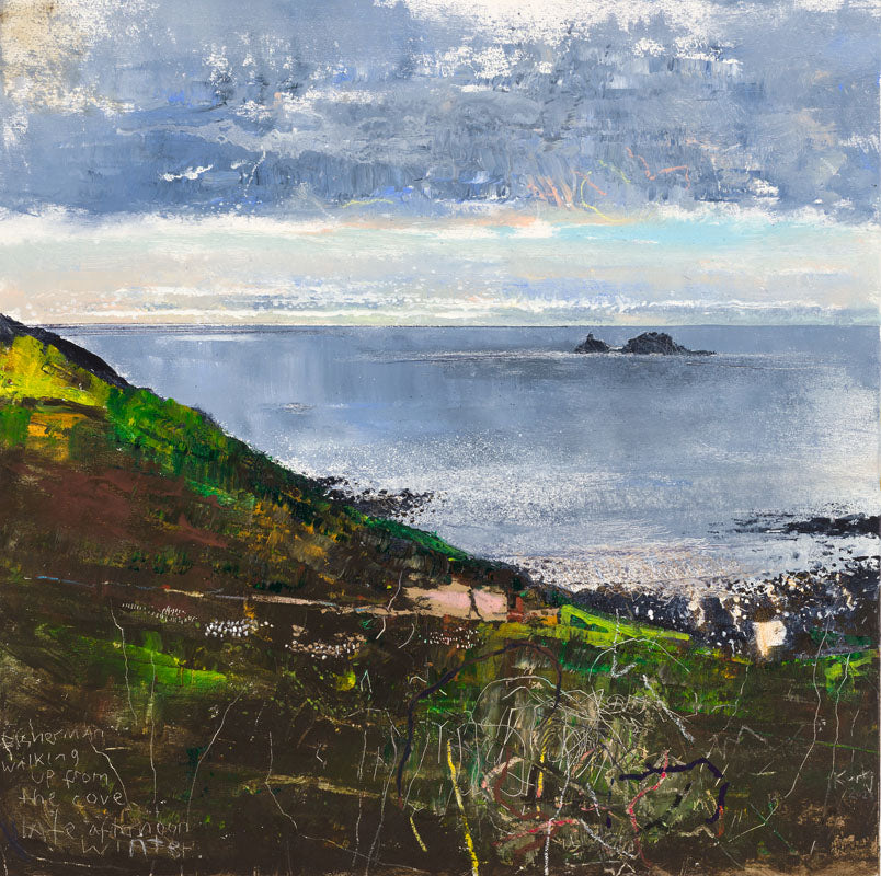 Image of a cliff with distant rocks in the sea, stormy skies brightening. Pack of 4 Greeting cards £10.