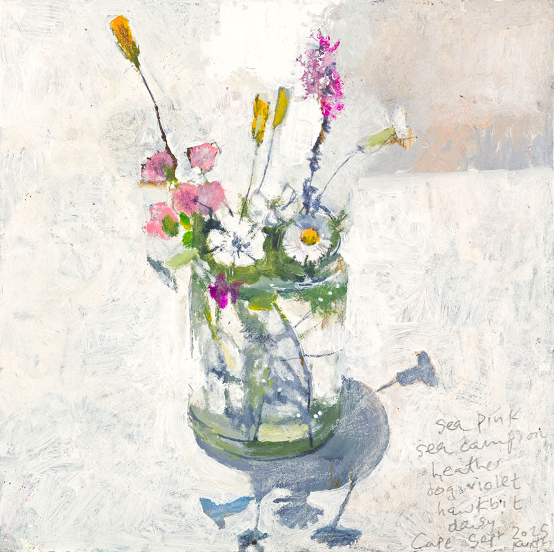 Still life of sea pink, sea campion, heather, daisy. Greeting Card pack of 4 £10