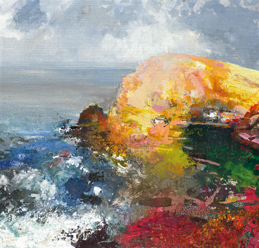 Landscape painting of Cape Cornwall headland and sea surrounding. yellow headland, stormy sea, cloudy sky, all species of flora & fauna written on in pen across the top of painting. Lithoprint. £150