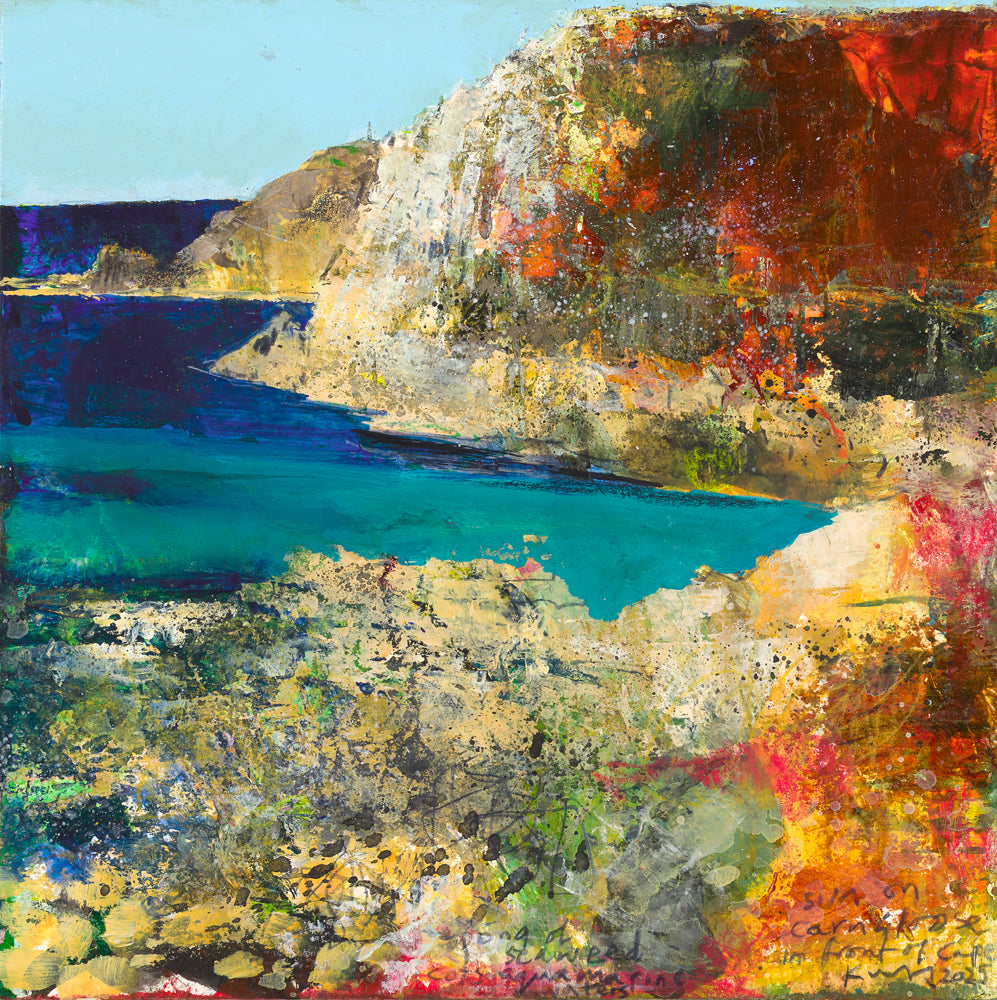 A landscape painting depicting a coastal scene with turquoise water, rocky cliffs, blue, green, yellow, orange and reds.
Greeting card pack of 4 £10.