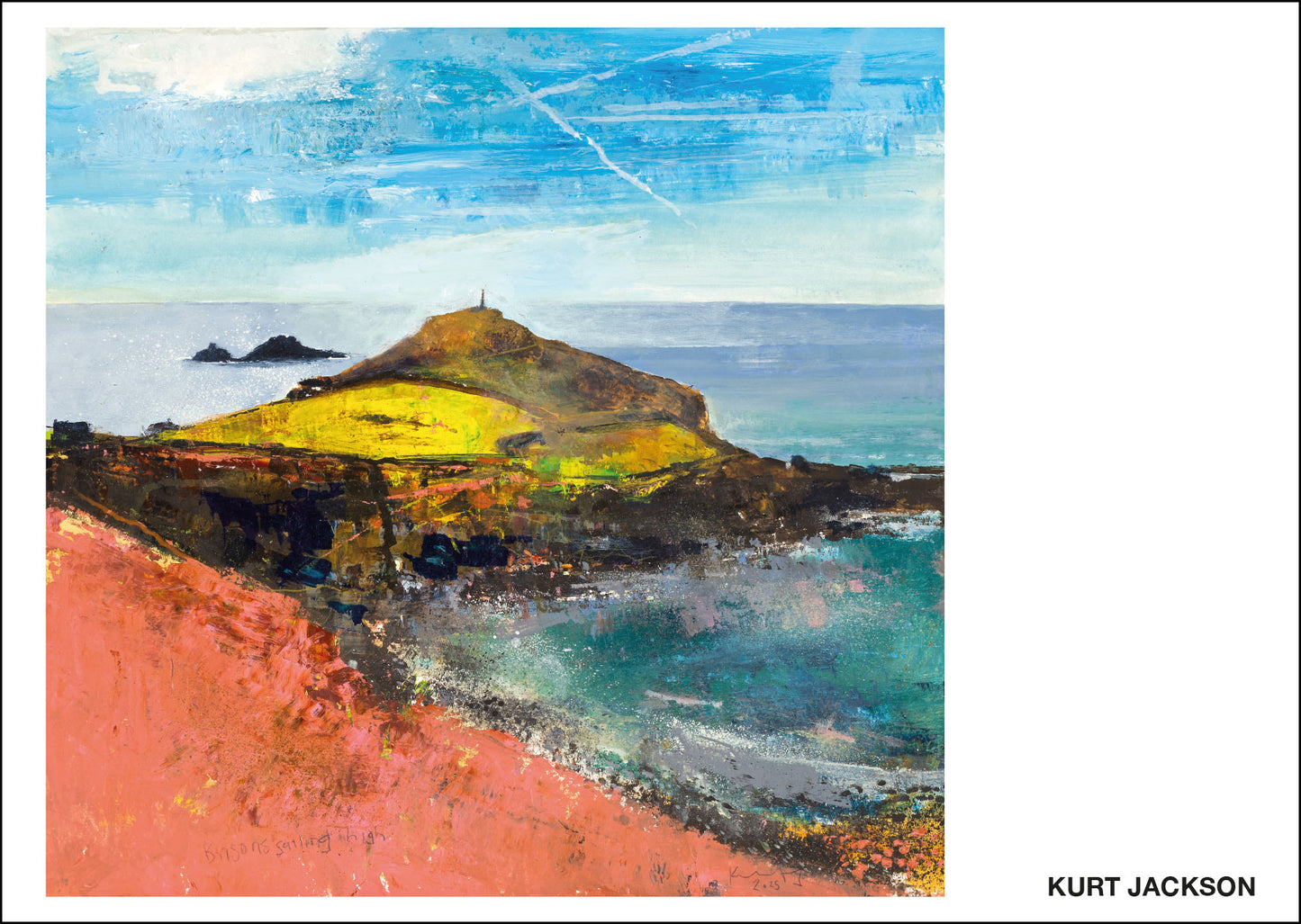 Landscape painting of Cape Cornwall blue sea, blue sky, yellow feild, pinks. Postcard pack of 10 £7.50