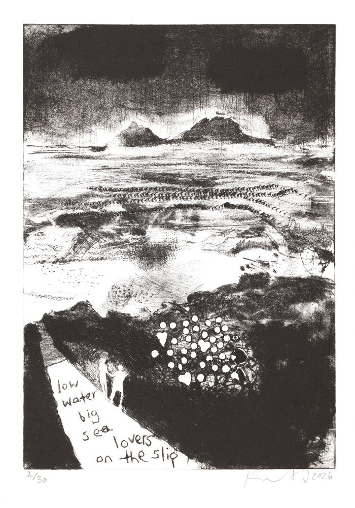 Drypoint o Cape Slip way with a pair of lovers holding hands. The Brisons behind. £500