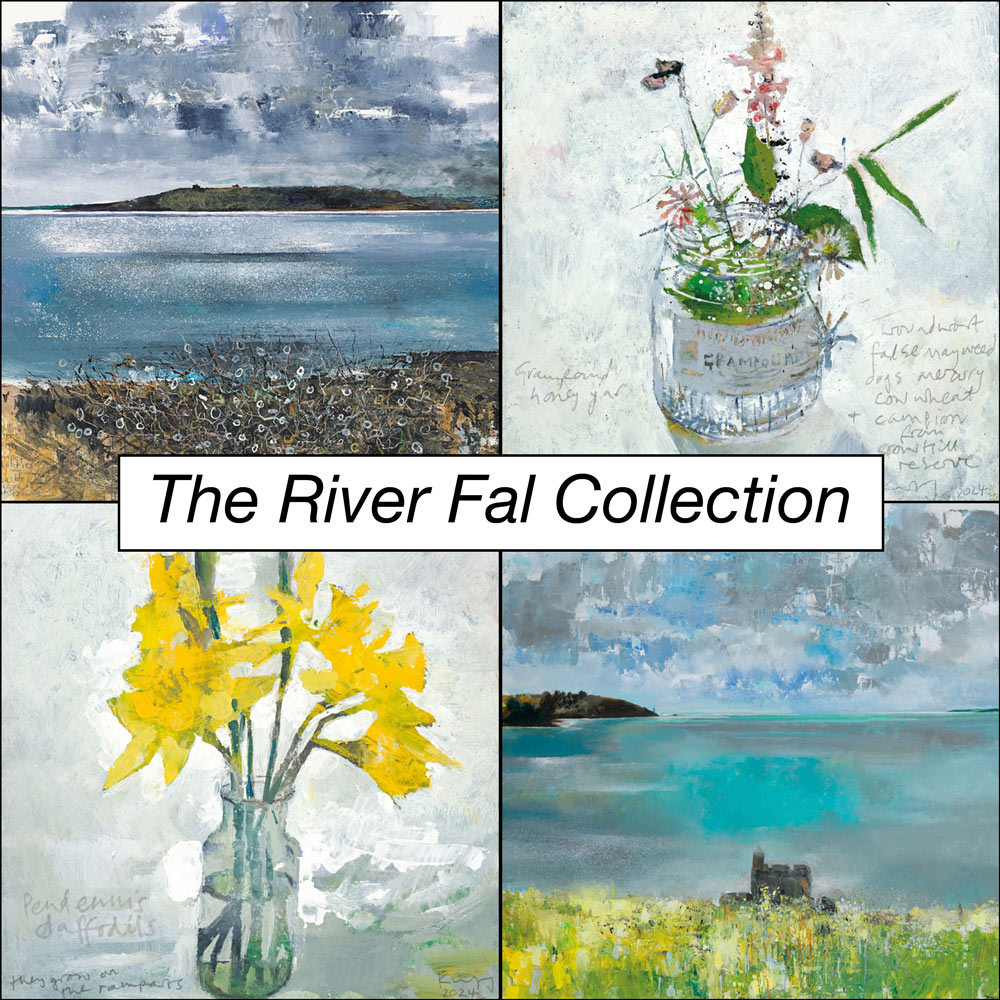 Collage of artworks featuring landscapes and flowers with 'The River Fal Collection' text.