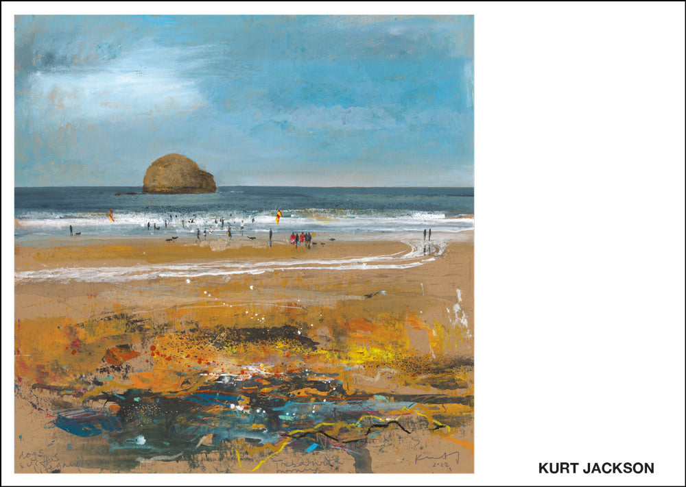 Dogs, surfers, lifeguards. Trebarwith morning. 2022. mixed media on card. 60 x 60cm.