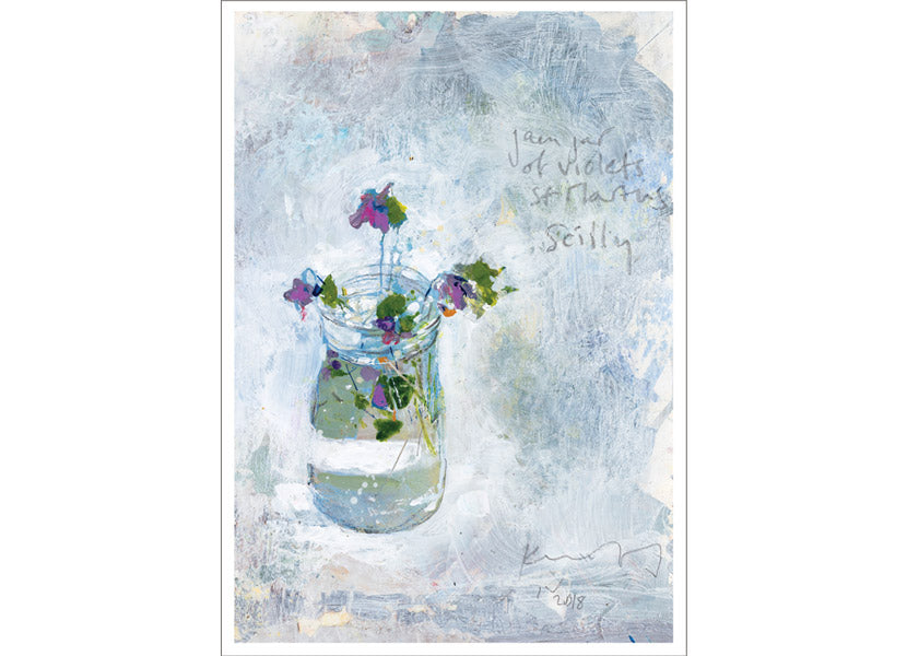 Jam jar of violets, St Martins. 2018. Christmas/Greeting Card. Pack of 4.