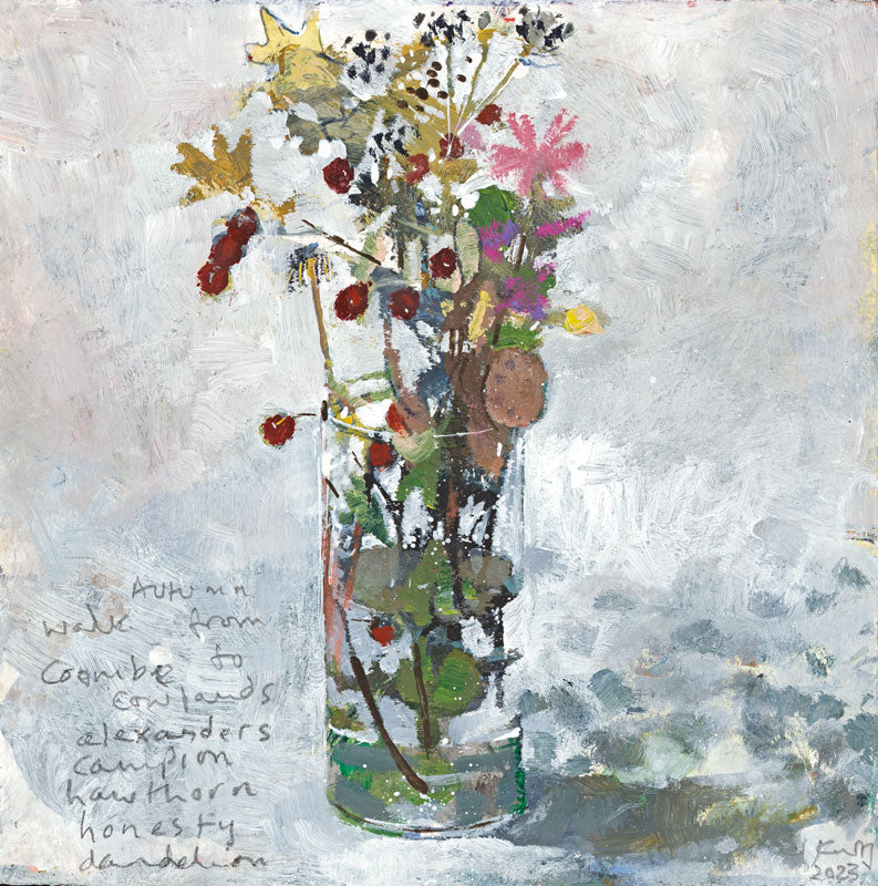 Reproduction of a Kurt Jackson painting of a glass vase with wildflowers on a textured white background