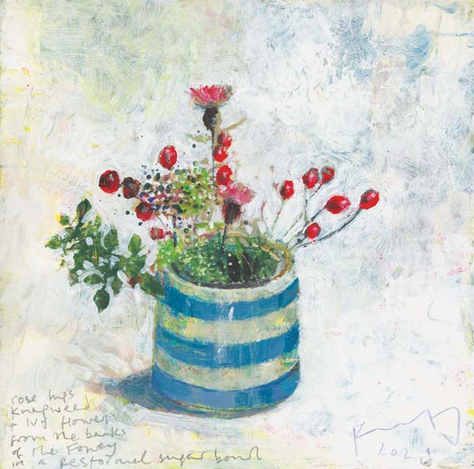 Rosehips, knapweed and ivy flowers in a Restormel sugar bowl. Christmas / Greeting Card. Pack of 4.