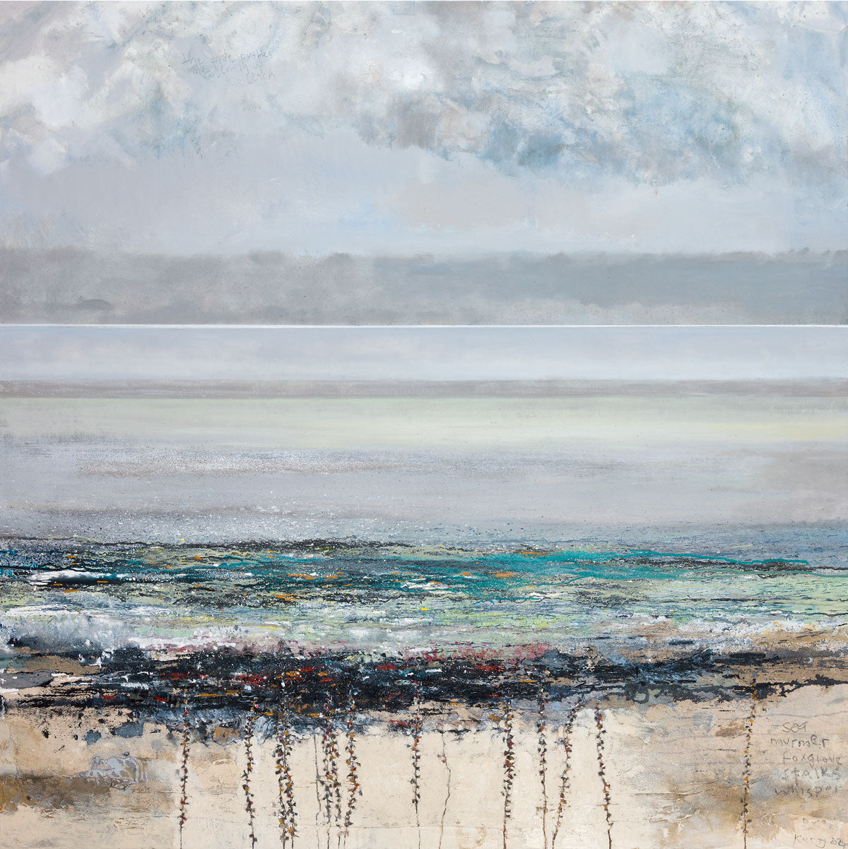 Kurt Jackson print of a seascape with dries foxgloves on the foreground.