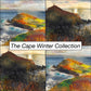 A four-panel collage of Kurt Jackson's coastal landscape paintings with the text 'The Cape Winter Collection' across the center. The artwork depicts rocky cliffs, surf, and a pale sky in expressive brushstrokes of blue, white, green, yellow, orange, and brown.