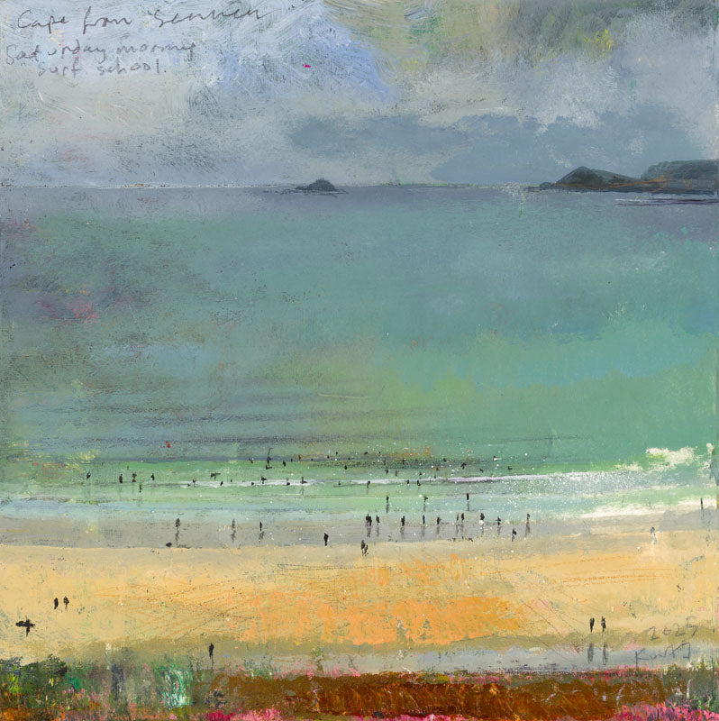 A beach painting with a pale blue and green sea, sandy shore, figures in the water, surfers on surf boards, distant view of Cape Cornwall. Greeting card pack of 4 £10