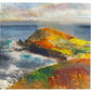 A greeting card reproduction of Kurt Jackson painting of a coastal rocky cliff with blue-gray ocean waves, a pale cloudy sky, and vivid yellow, green, orange, and red landforms in the foreground.