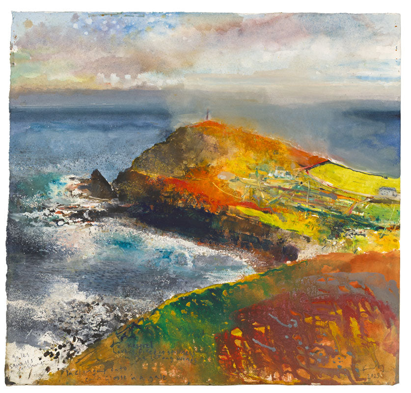 A greeting card reproduction of Kurt Jackson painting of a coastal rocky cliff with blue-gray ocean waves, a pale cloudy sky, and vivid yellow, green, orange, and red landforms in the foreground.