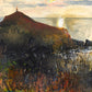 A greeting card reproduction of Kurt Jackson landscape painting depicting a coastal hill with a lighthouse under a cloudy sky, rendered in brushstrokes of black, brown, red, green, and white.