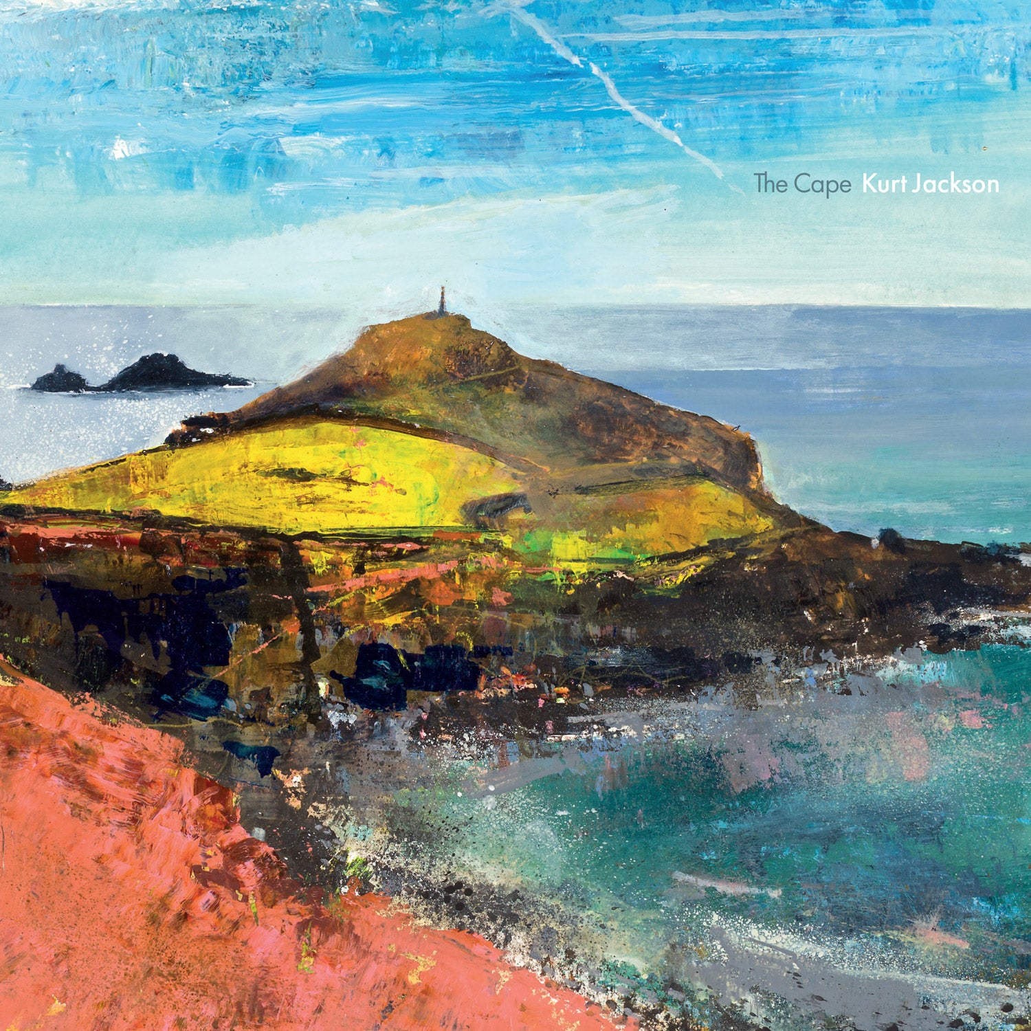 Painting of the Cape Cornwall headland, surrounded by blue sparkly water. With the Brisons rocks towards the left. Exhibition Catalogue £20
