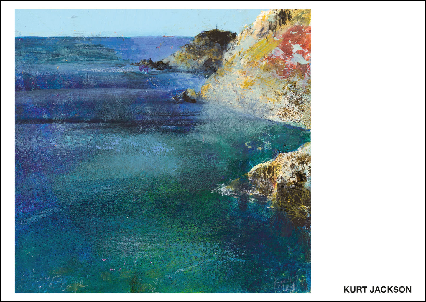 Seascape a paiting looking towards Cape Cornwall, around the cliff. Blue green seas, Cape Cornwall stack in the distance. Postcard pack of 10. £7.50