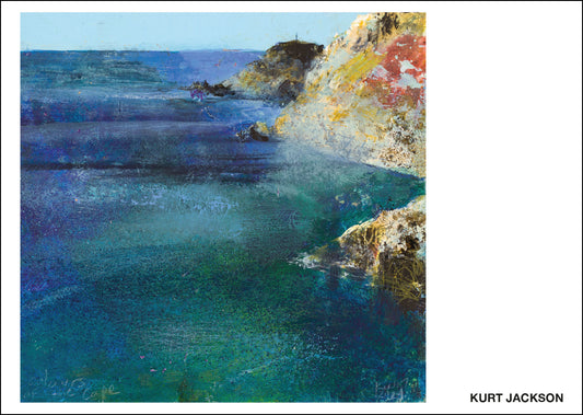Seascape a paiting looking towards Cape Cornwall, around the cliff. Blue green seas, Cape Cornwall stack in the distance. Postcard pack of 10. £7.50