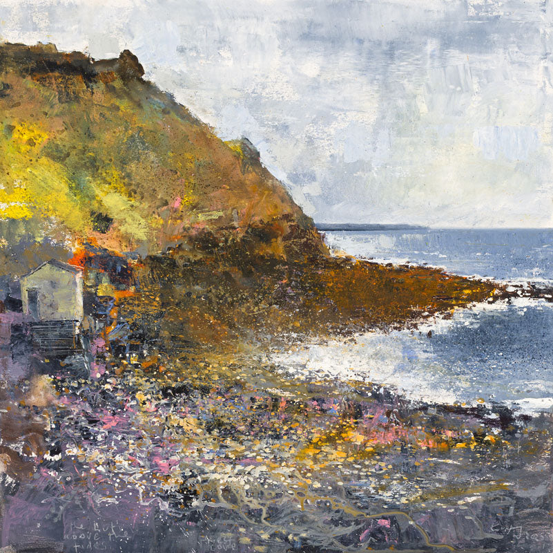 A landscape painting featuring a grassy cliffside, rocky shoreline, small fishing hut, and blue-gray sea under a cloudy sky. Greeting card pack of 4 £10