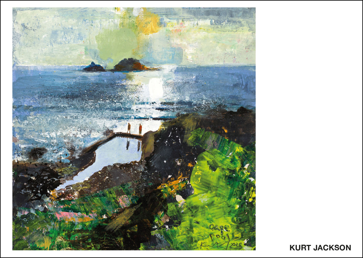Coastal painting of Cape Pool, with two figures looking out to sea. The Brisons in the distance. Pack of 10 Postcards. £7.50