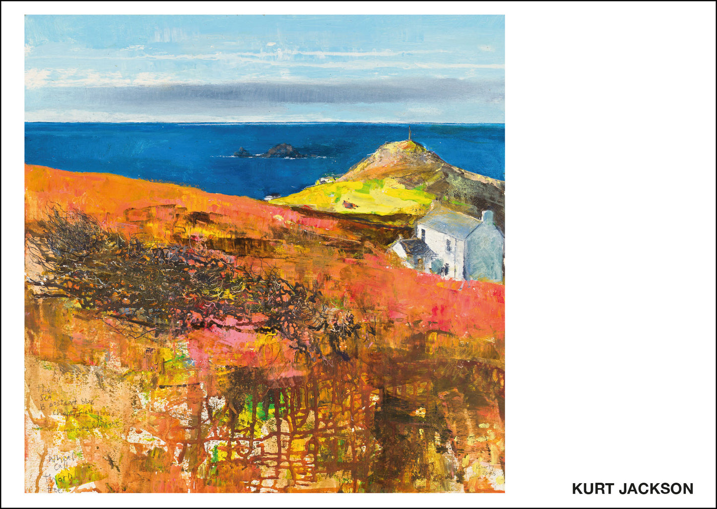 Coastal painting of Cape Cornwall headland, vivid orange, yellow. With the Brisons in the sea behind. Postcards. Pck of 10. £7.50