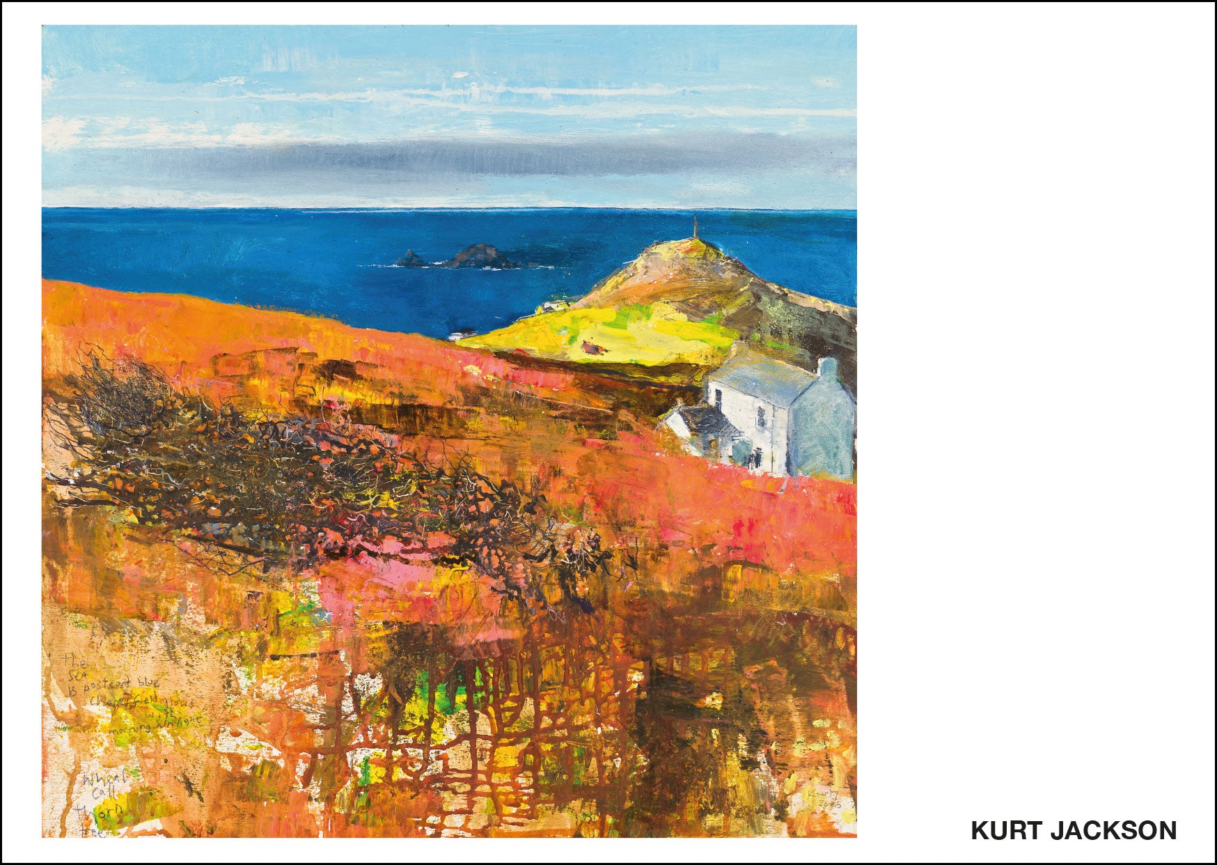 Coastal painting of Cape Cornwall headland, vivid orange, yellow. With the Brisons in the sea behind. Postcards. Pck of 10. £7.50