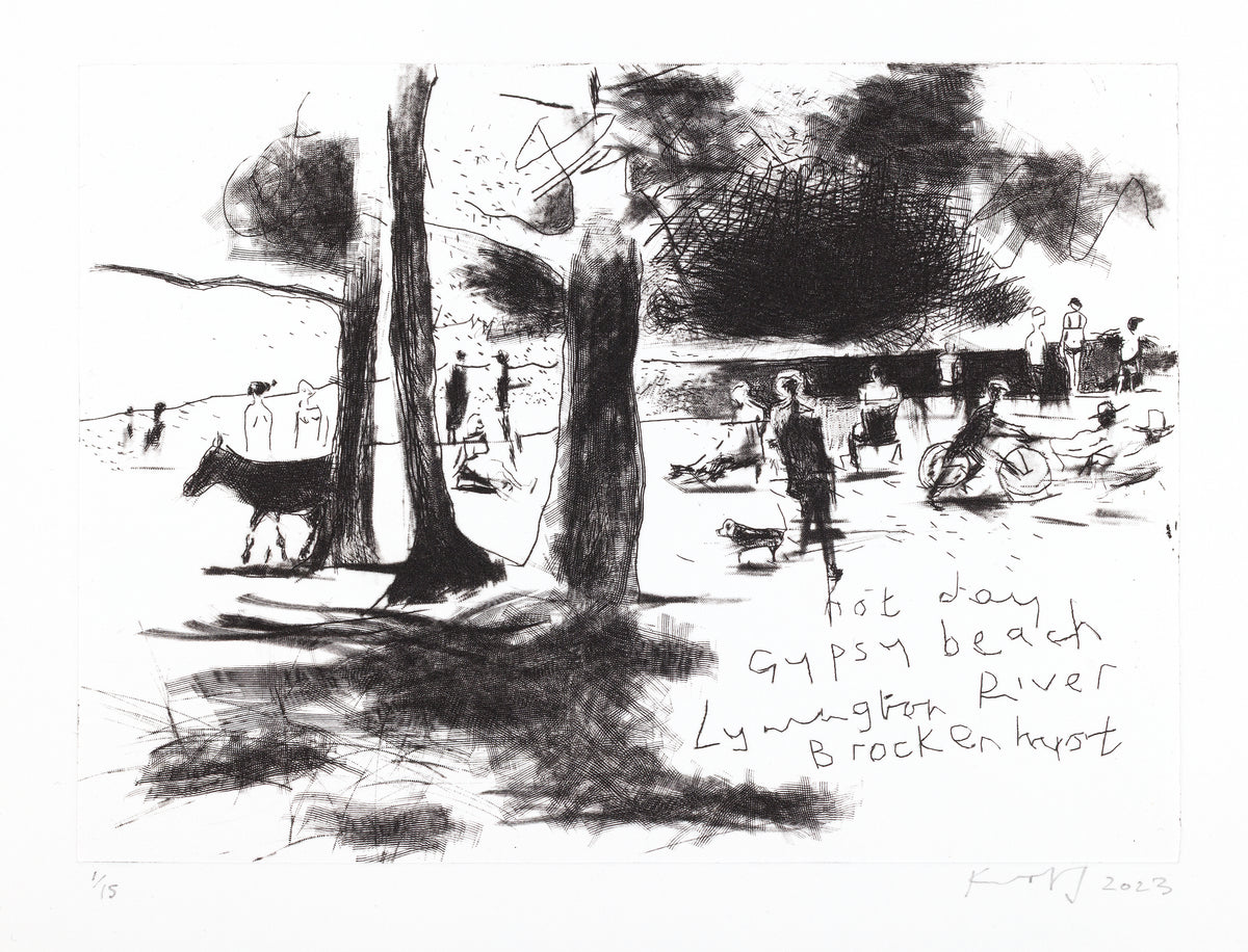 Drypoint landscape of wild ponies and figures, enjoying the good weather. Gypsy Beach, Brokenhurst. Drypoint. £400