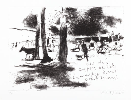 Drypoint landscape of wild ponies and figures, enjoying the good weather. Gypsy Beach, Brokenhurst. Drypoint. £400