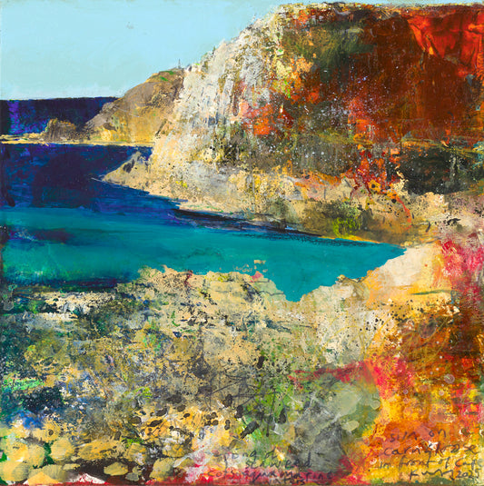 A landscape painting depicting a coastal scene with turquoise water, rocky cliffs, blue, green, yellow, orange and reds.
Greeting card pack of 4 £10.