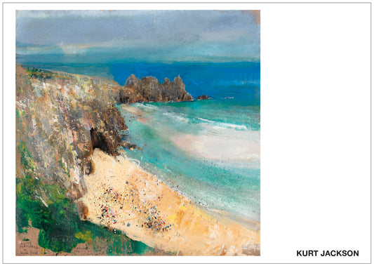 Across Pedn Vounder to Logan Rock. Voices and scents carry up from the beach. Postcard.
Pack of 10. 