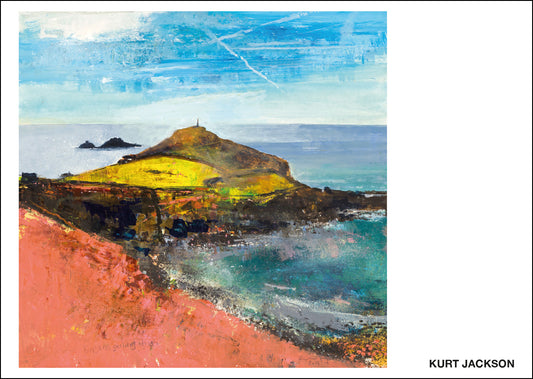 Landscape painting of Cape Cornwall blue sea, blue sky, yellow feild,  pinks. Postcard pack of 10 £7.50