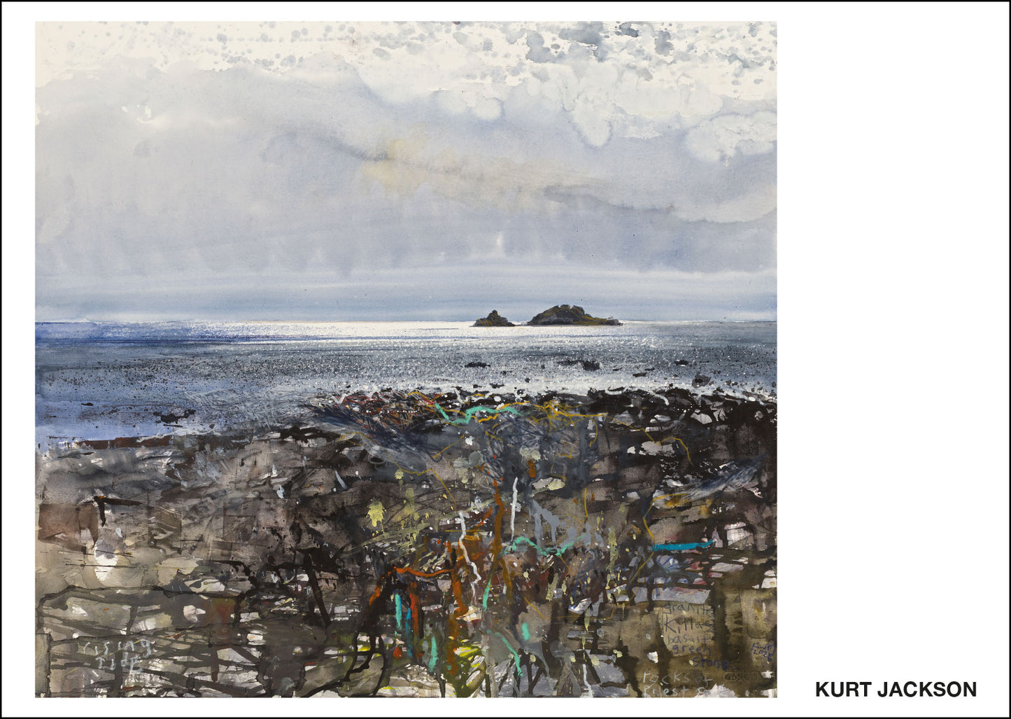 View of The Brisons from Cape Cornwall. Sparkly blue seas, cloudy sky with bright sun rays. Postcard pack of 10. £7.50