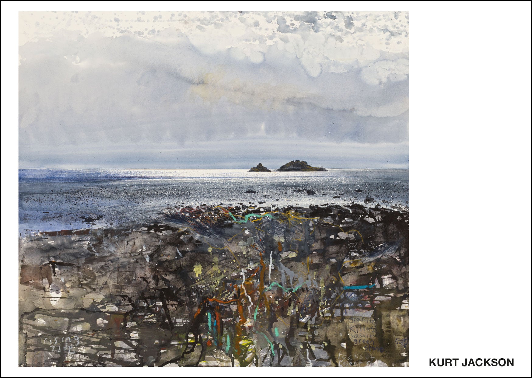 View of The Brisons from Cape Cornwall. Sparkly blue seas, cloudy sky with bright sun rays. Postcard pack of 10. £7.50