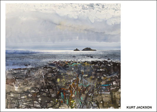 View of The Brisons from Cape Cornwall. Sparkly blue seas, cloudy sky with bright sun rays. Postcard pack of 10. £7.50
