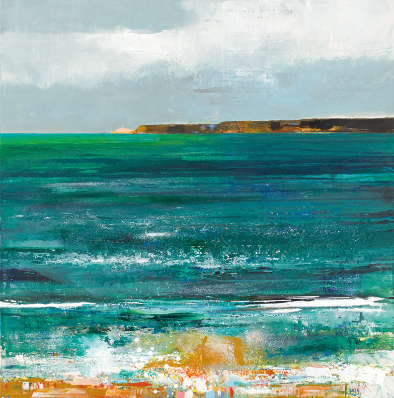 Sea scape showing green seas, and Cape Cornwall headland in the distance. Lithoprint. £150