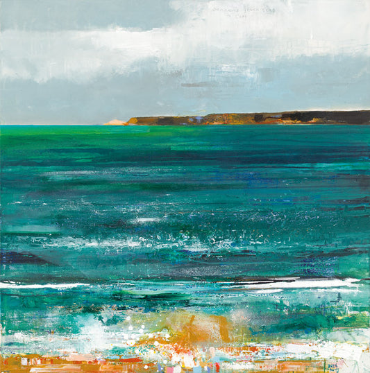 Sea scape showing green seas, and Cape Cornwall headland in the distance. Lithoprint. £150