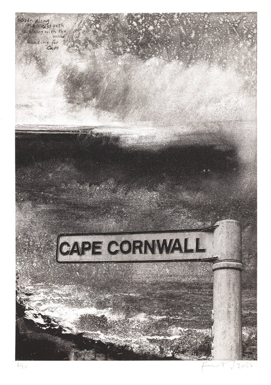 Handmade etching of Cape Cornwall sign. £850