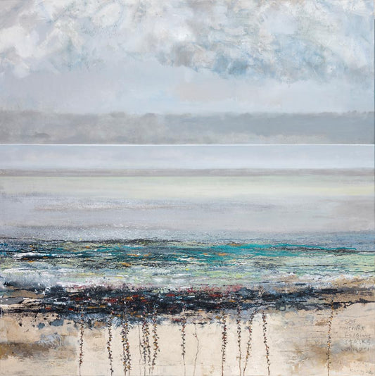 Abstract painting of a coastal scene with a cloudy sky and water. Foxglove stalks in the foreground. Soft blue & grey tones. £150