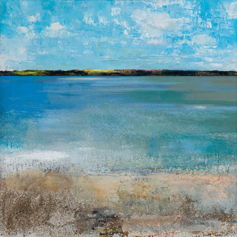 Kurt Jackson print of a landscape with blue sky, water, and earthy tones.