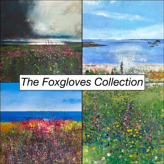 Collage of 4 Kurt Jackson greeting cards with 'The Foxgloves Collection' text overlay