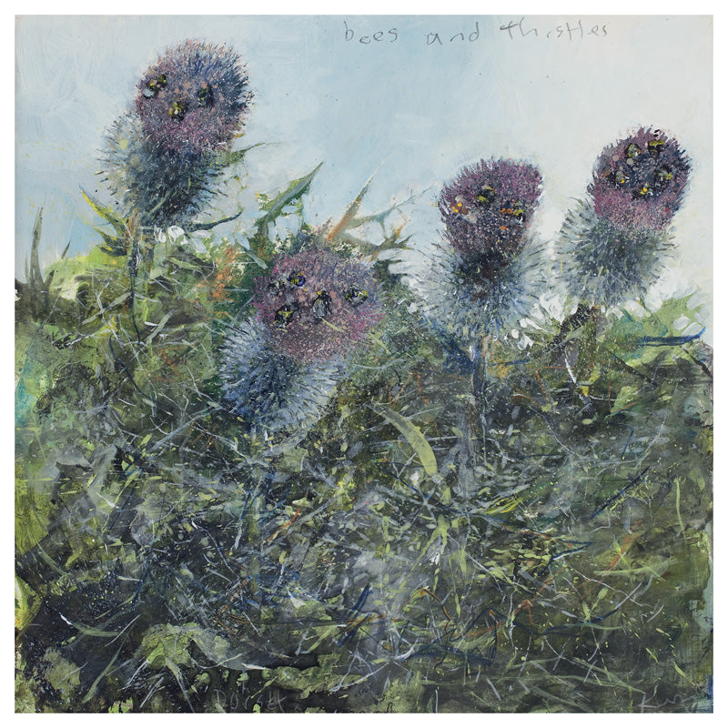Bees and thistles. Greeting Card. Pack of 4.