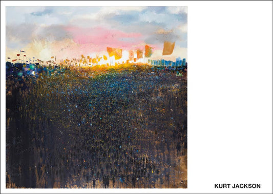Dusk, flags, lights and smoke. Glastonbury 2019. Postcard. Pack of 10.